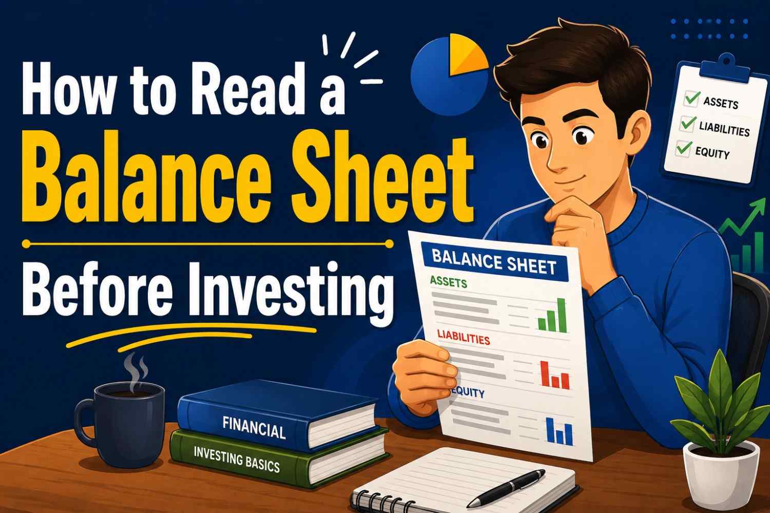 Balance sheet illustration showing assets, liabilities and shareholders' equity for beginner investors